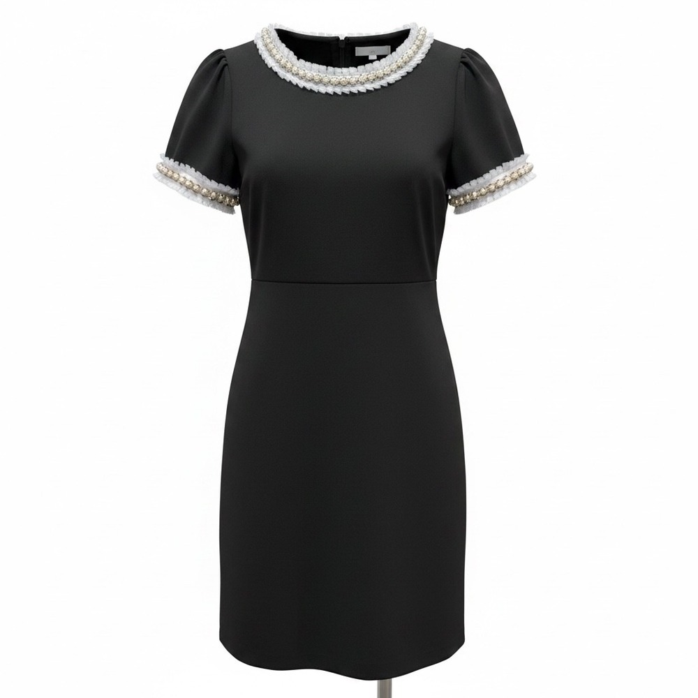 #82 BETSY JOHNSON Sheath Dress ptp: 18" Womens 6 Black Pearl Lace Ruffle Trim